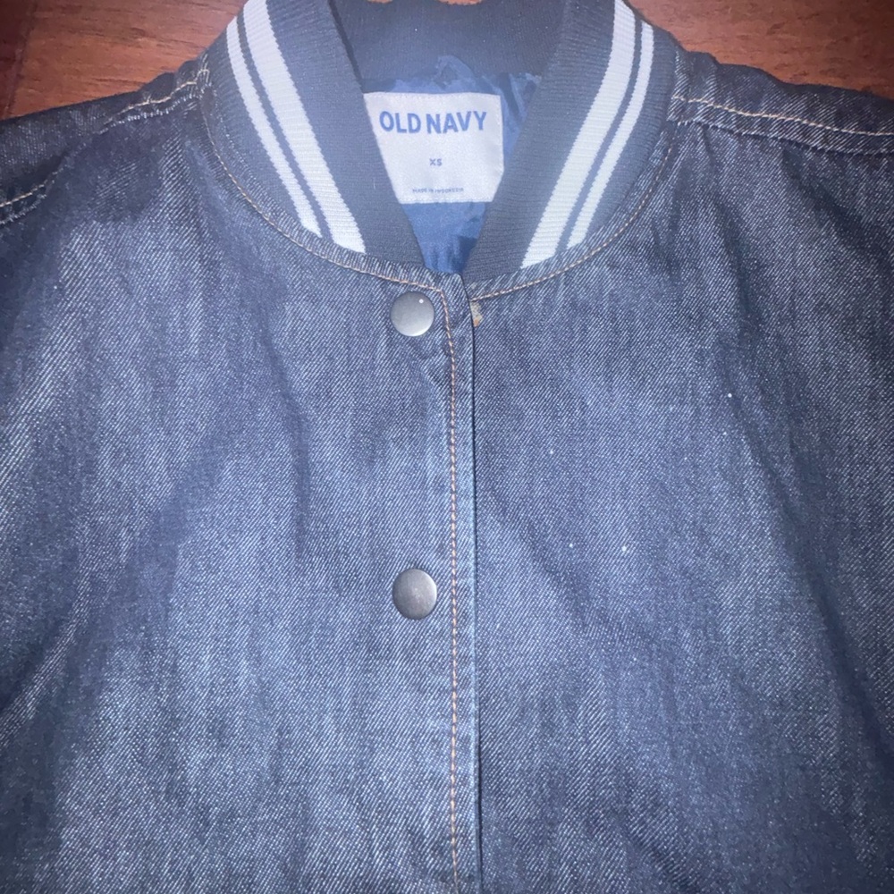 Old Navy Dark Blue Denim Bomber Jacket with Striped Collar